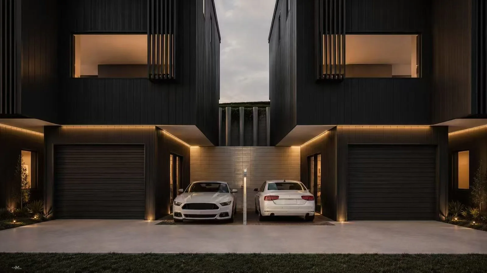 Castor Bay — entry and garaging at dusk